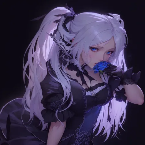 Anime girl with long white hair and blue eyes holding a rose, Gouvez on pixiv artstation, Gouvez on artstation pixiv, artwork in the style of Gouvez, gothic maiden anime girl, Gouvez, dark Elf, dark Elf princess, Black Rose, ArtStation pixiv trends, fantas...