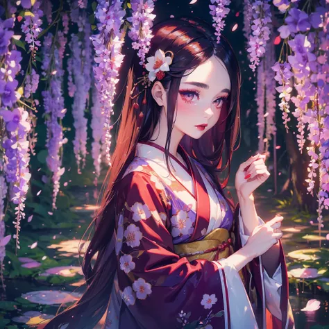 portrait of 1 beautiful geisha in the wisteria forest,  dark night, wavy hair, pale skin, makeup, red lips, , kimono, hanfu, floral print, (Beautifully Aesthetic:1.2),wisteria, peace, tranquility, serenity, petals