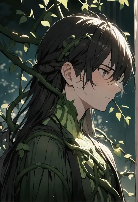 Anime male characters，Has long black hair，There are green stripes on it，There are branches or vines on the body