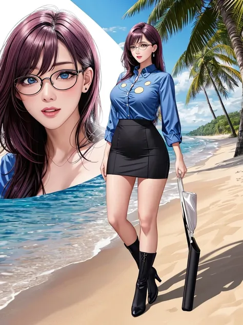 office lady, high resolution, Masterpiece, Anatomically correct, Highly detailed, realistic textures, blushing, dark purple hair, , big breasts, BIG ASS, woman is walking on beach, night sky, aurora and stars and coconut tree background, deep blue shirt, b...