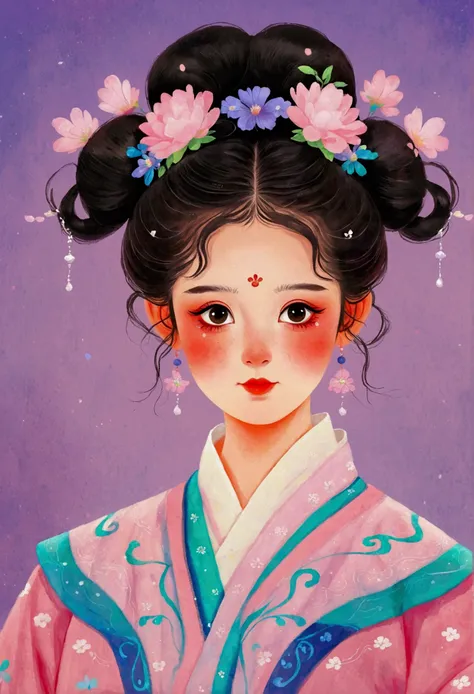 Pastel Art：Cute girl in Hanfu,High Bun Portrait，symmetry，big eyes， Lovely and detailed digital art, official art works, A beautiful artistic illustration, Clean background
