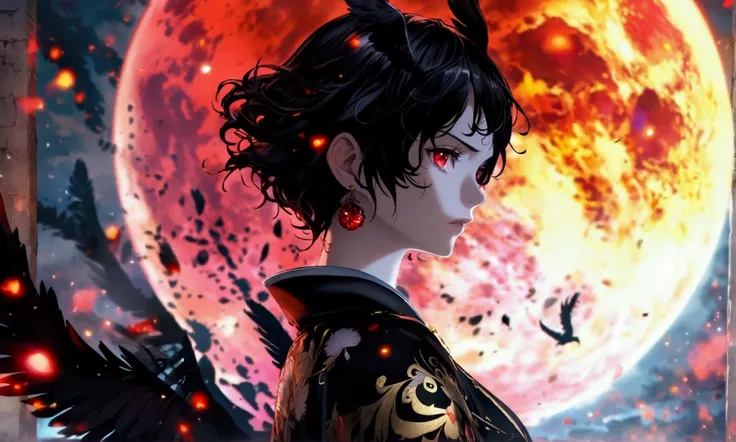 Young woman, pale skin, short black hair, vibrant red eyes, black feathered black dress, red moon earrings, bright red moon background, serious look, "Anime character design inspired by One Piece, full of dramatic and impressive lighting, focus on the cent...