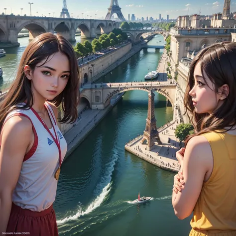 Vision，2024 Summer Paris Olympics footage, Official Art, poster，With the Seine River and the Eiffel Tower in Paris in the background，Olympic flag，There is a boat on the Seine，船上插有一面Olympic flag