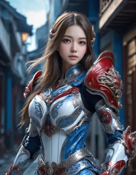 front_view, masterpiece, best quality, Realistic, original photo, (1 girl, looking at viewer), long hair, Machine White Plate, Complex armor, Delicate blue filigree, intricate filaments, red metal parts, Details, dynamic poses, Detailed Background, Dynamic...