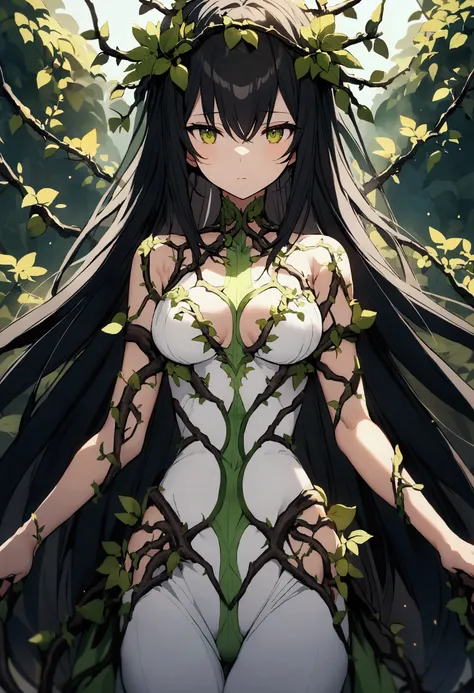 Anime female character，Has long black hair，There are green stripes on it，There are branches or vines on the body