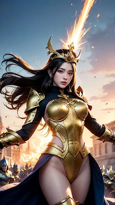 Create an image of Rell in her newest skin, Battle Queen, from League of Legends. massive k-cups,She’s adorned in regal, gold and blue armor with intricate details and a crown-like helm. Rell is mid-action, using her Shattering Strike ability, with her lan...