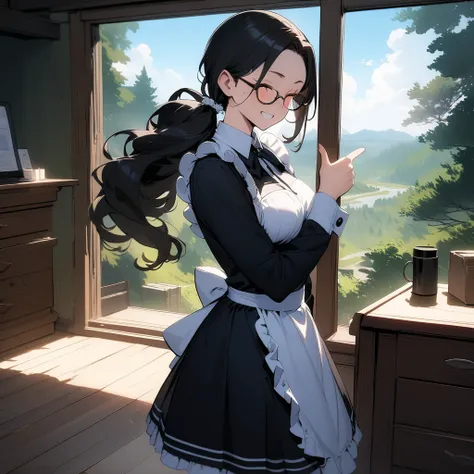 (masterpiece),(best quality),very aesthetic,(ultra-detailed),high saturation,1woman,forties woman,40yo,slender,long hair,black hair,wavy hair,ponytail,closed eyes,(under-rim glasses),grin,fusion of black maid clothes and secretary clothes,styligh clothes,m...