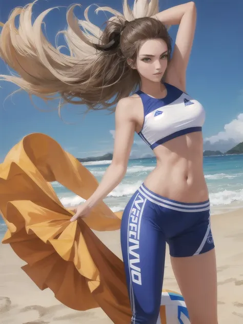 1 woman, best quality, beach volleyball, realistic, ultra high resolution, thin waist, skinny body, low rise pants, full body shot, 