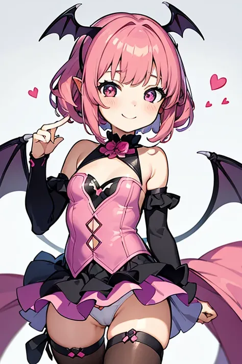 (masterpiece,best quality,ultra-detailed), an anime girl who is 7 years old, naughty and sweet succubus. She has candy pink m-shaped bangs short hair with twin ponytails, ruby oval eyes, fruit bat ears and wings, wearing gothic bodysuit, look and smiling s...