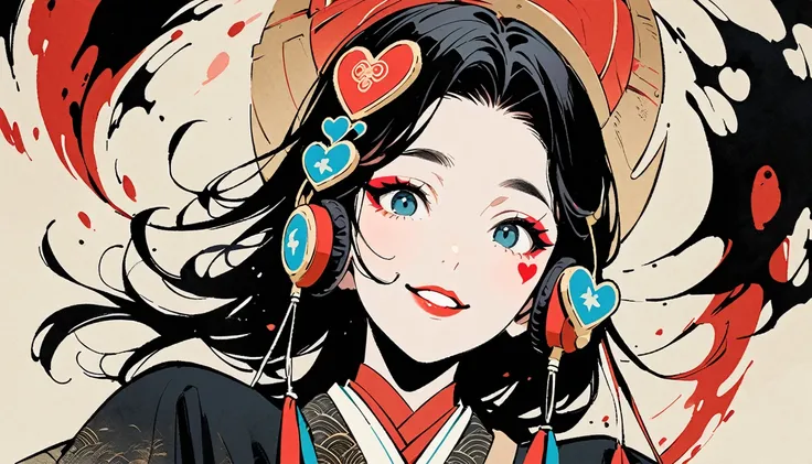 (((Ink Painting))), (((from below))), (((1 female))), (((Heart tattoo on face))), (((Very flashy hair accessories))), (((Very flashy makeup))), Japanese style headphones, devil, face close-up, front view, Japan人の美少女, Black Hair, Delicate and precise, Moder...