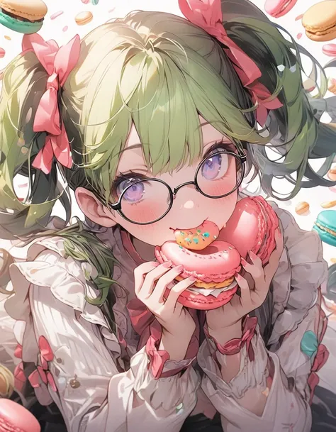 masterpiece、girl、Green Hair, twin tails、smile、wearing glasses,(((eating macarons)))、Focus on the face,sweets background, macarons background, detailed face and body, 8k
