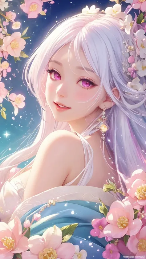 Dazzling colorful lights,Intricate details,Face close-up,Pale pink eyes and white hair with crystal details,Beautiful woman,White flowers in her hair,Pale skin,Light background,Fantasy art style,Fantastic illustrations of Kawashi,pastel colour,Inspired by ...