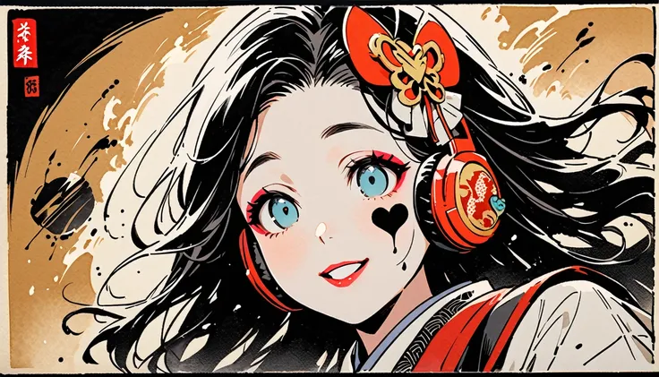 (((Ink Painting))), (((from below))), (((1 female))), (((Heart tattoo on face))), (((Very flashy hair accessories))), (((Very flashy makeup))), Japanese style headphones, devil, face close-up, front view, Japan人の美少女, Black Hair, Delicate and precise, Moder...