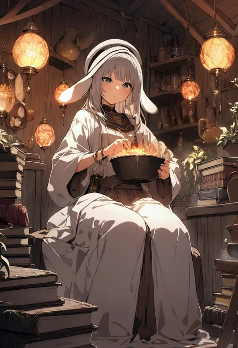 Masterpiece, top quality, high resolution, focused: a gal alchemist in baggy clothes mixing a big magic pot in an old wooden house. Smoke comes out of the pot due to a failed experiment. She is wearing a big bracelet, alchemist clothes, and a hat, and is s...