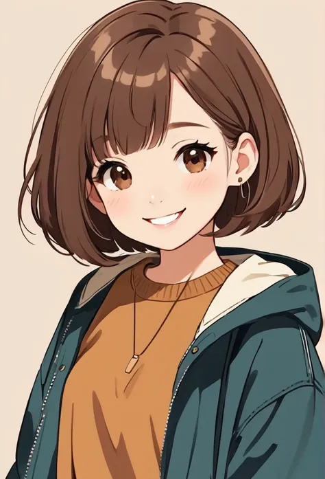 Simple line initials，Abstract art，Kawaii Design, Plain clothes, Brown Hair, Bob, The most beautiful girl of all time, smile,