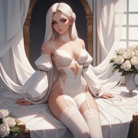 A woman of 16. Dressed in a white lace lingerie set. White stockings. A flowing white silk dress cascaded down her body, delicate shoulder-length sleeves and an underskirted waist. White lace lingerie underneath. An angelic look.