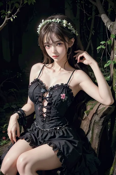 lolita1,dress,flower, (Night), a beautiful girl sitting on a fallen tree in a moonlit forest, her chest partially visible, leaning back with her elbows supporting her body, 1girl, detailed face, moonlight, atmospheric lighting, detailed environment, lush f...