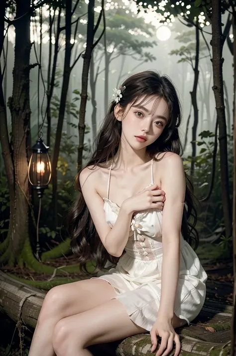 lolita1,dress,flower, (night), a beautiful girl sitting on a fallen tree in a moonlit forest, her chest partially visible, leani...