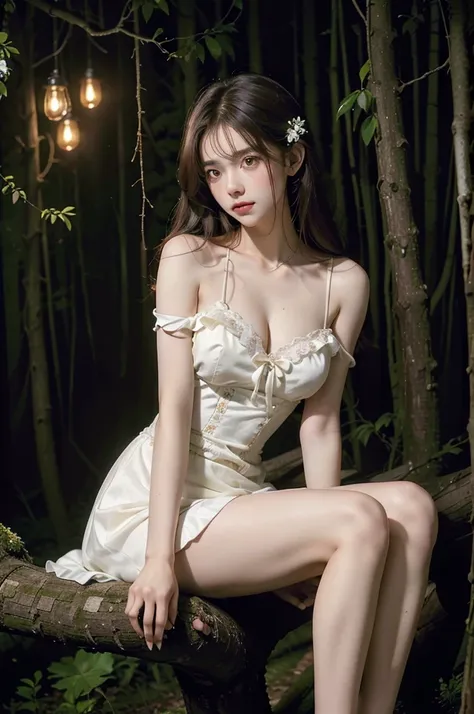 lolita1,dress,flower, (Night), a beautiful girl sitting on a fallen tree in a moonlit forest, her chest partially visible, leaning back with her elbows supporting her body, 1girl, detailed face, moonlight, atmospheric lighting, detailed environment, lush f...