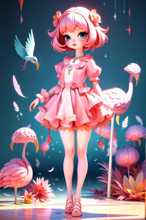 LU,1girl,pink hair,blue eyes,flower,solo,dress,short hair,necklace,jewelry,rose,standing,pantyhose,full body,bird,feathers,