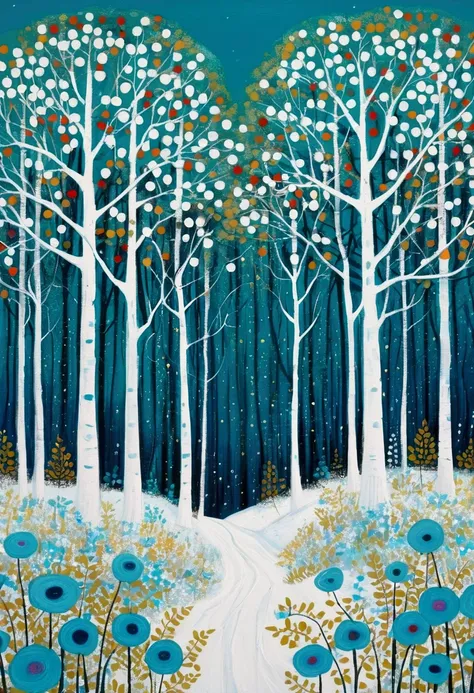 painting of a forest with Blue Tree and dots on the ground, forest with flowers blue, Blue Tree, blue forest, whimsical forest, forest. White Tree, Jane Newland, Trees and flowers, painting of a forest, woodland, Stanley Donwood (Stanley Donwood) style, br...