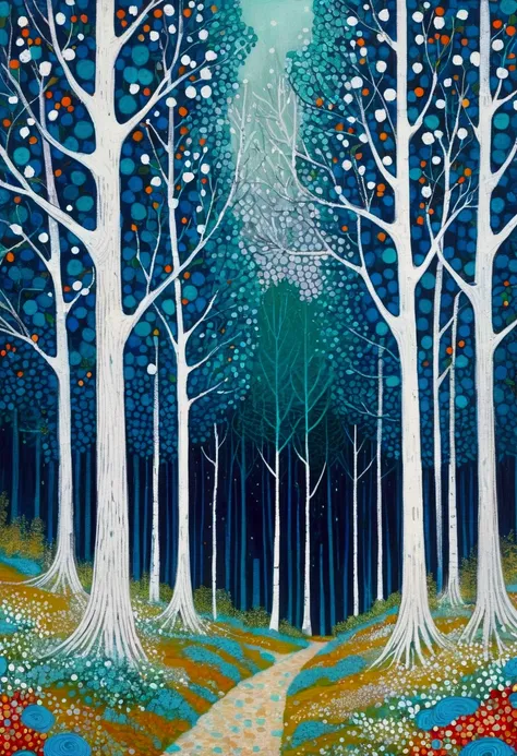 painting of a forest with Blue Tree and dots on the ground, Pointillism inspired by Arthur Burdett Frost, tumblr, art, forest with flowers blue, Blue Tree, blue forest, whimsical forest, forest. White Tree, Jane Newland, Trees and flowers, painting of a fo...