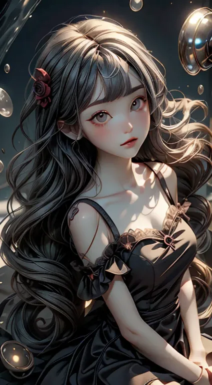 Very detailedCG 8k壁紙, masterpiece, Highest quality, Very detailed), (Better lighting, Better Shadows, Very delicate and beautiful), floating, High saturation, Dynamic Angle, ((One girl)), nice, Evening Dresses) Gray Hair, Red eyes, Very long hair, hair orn...