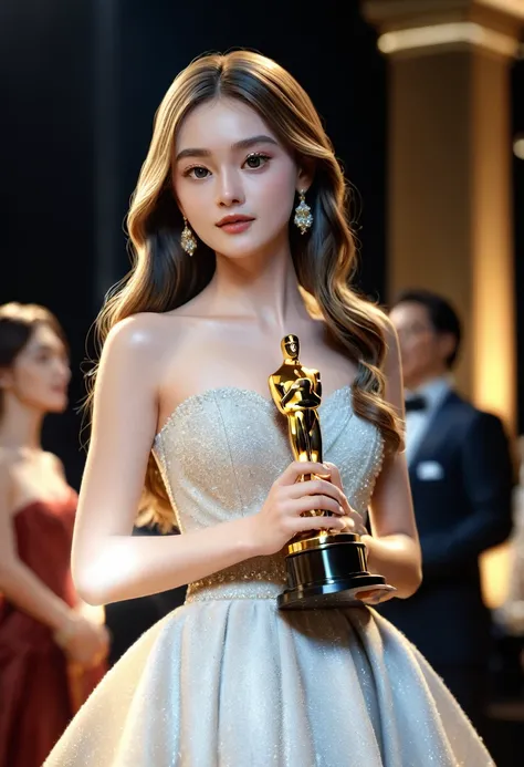 The moment of receiving the award, He has a small gold Oscar statuette, ((Realistic, masterpiece, Highest quality, 4K, High resolution:1.3)), (figure:0.7), Professional Lighting, very nice, Highly detailed CG, break, One girl, Evening Dresses, Chanel Dress...