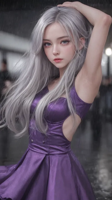 masterpiece, Highest quality, One girl, Elaina_(May_no_gossip), Silver Hair, Purple eyes, Long Hair, rain、Dance