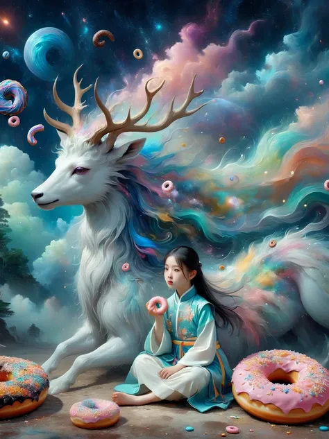 Surreal photos，Seven-Colored Deer Guardian，High-resolution photos，Huge and beautiful seven-colored deer，A peaceful and dreamy scene，A little girl in Hanfu sits next to a giant seven-colored deer，(((Eating donuts)))，Donut crumbs fell on the ground，Bitten do...