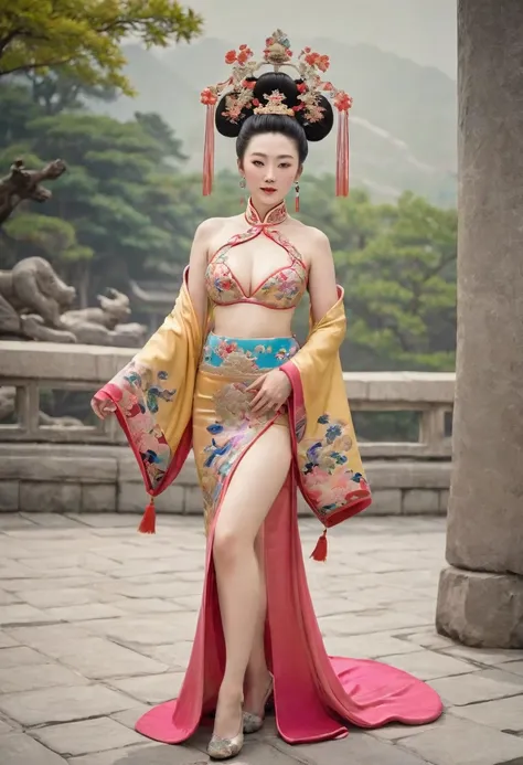 A naked picture of the empress of the Qing dynasty in China, standing in front of the camera, showing her large breasts, hairy abdomen, and pubic hair.、
Her hair is tied up and pulled up with a gorgeous flower ornament on both sides.、Chinese style Qing Dyn...