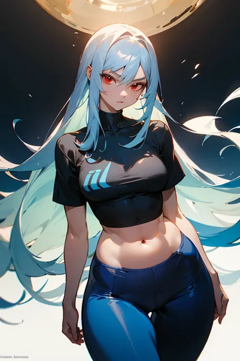 ((Best Quality)), ((masterpiece)), (detailed), Woman with long light blue hair, light skinned, narrow waist, big chest, big hips, Red eyes, black tight t-shirt, pans blancos, Whole body, athletic, SERIOUS LOOK, very high