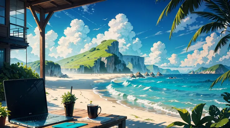 Create a detailed, vibrant illustration of a serene coastal workspace on a sunny day. The scene should include a wooden table with a laptop, notebooks, a cup of coffee, and various stationery items. 1 girl sitting, wear headphone, Surround the table with l...