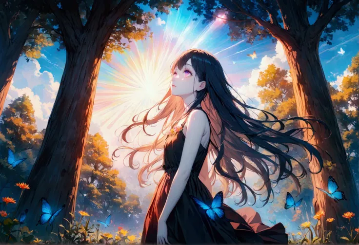 (woman(student, 15 years old, ＪＫ, Long Hair, Colorful eyes, Pale skin，) Looking up at the sky), (Many butterflies flying in the sky), Beautiful sky, summer，Colorful flowers are blooming everywhere, Mysterious and dreamy ,Giant Tree，quality(8k,CG wallpaper,...