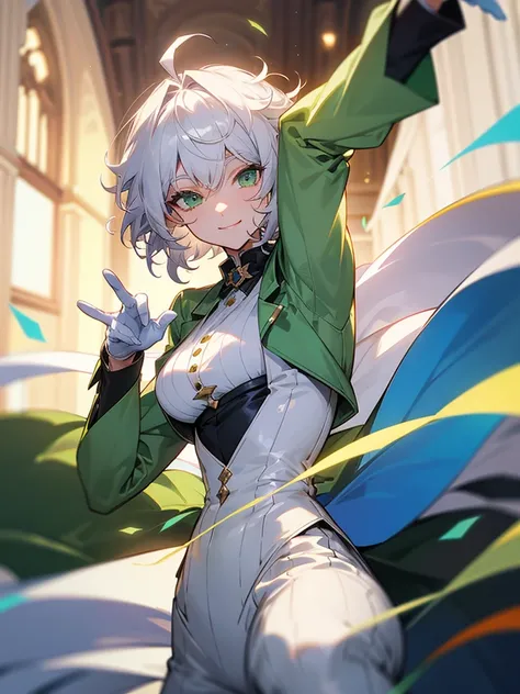 Elf, silver hair,short hair, medium cut, ahoge, curly hair,green eyes,slender, fair skin, cool Smile , White gloves, long boots, pants, tailcoat, Dance party, upper body, looking at viewer, inside, mansion