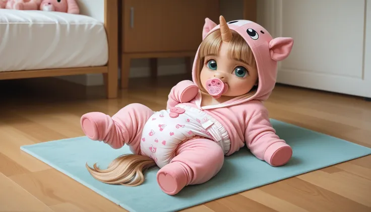 pony, light caramel unicorn, adult filly, sitting on a soft play mat, wearing a pink baby onesie and pink adult size foal booties, pink pacifier in mouth, solo, cubes on the floor, thick baby pink diaper under clothes.