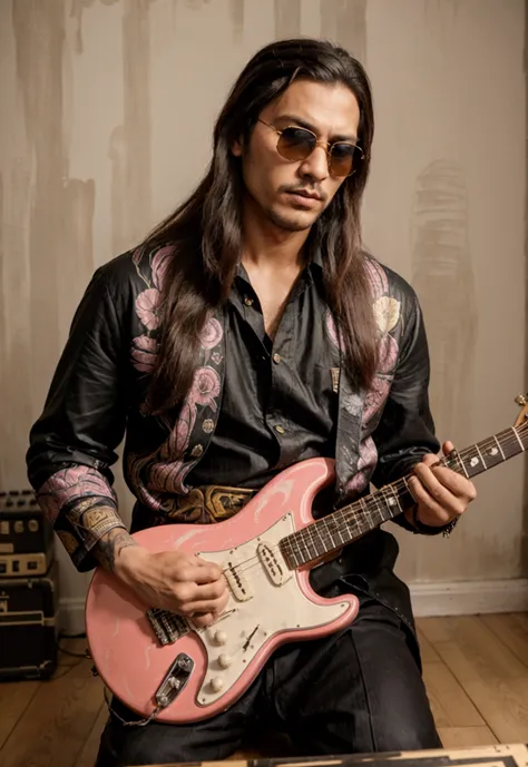 Cover Film Pull Style, man 30 years old samurai hair, barba, 3d pull, sunglasses, playing fender style guitar, with paintings of Queen and pink Floyd in the background, with title "Jackson Rodrigues"