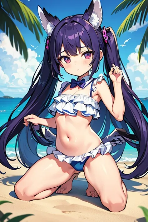 (masterpiece,best quality,ultra-detailed), an anime girl who is 10 years old, calm angel. She has lavender straight bangs long hair with high ponytails, periwinkle eyes, eurasian eagle-owl ears and wings, wearing lolita ruffle bikini, calmly kneeling at th...