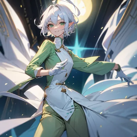 Elf, silver hair,short hair, medium cut, ahoge, curly hair,green eyes,slender, fair skin, cool Smile , White gloves, long boots, pants, tailcoat, Dance party, upper body, looking at viewer, inside, mansion