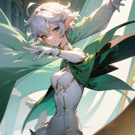 Elf, silver hair,short hair, medium cut, ahoge, curly hair,green eyes,slender, fair skin, cool Smile , White gloves, long boots, pants, tailcoat, Dance party, upper body, looking at viewer, inside, mansion