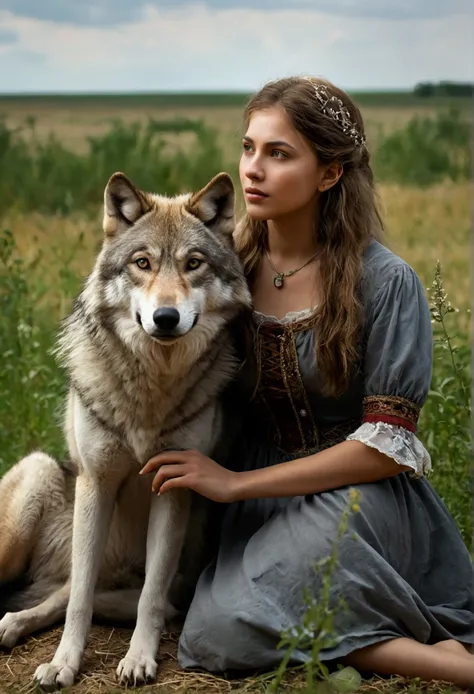 Masterpiece, realistic photography, outdoor, arafed woman sitting in a field with a wolf, wolf companion, tenderness, wolfgirl,wolves and their treasures, her friend the wolf,