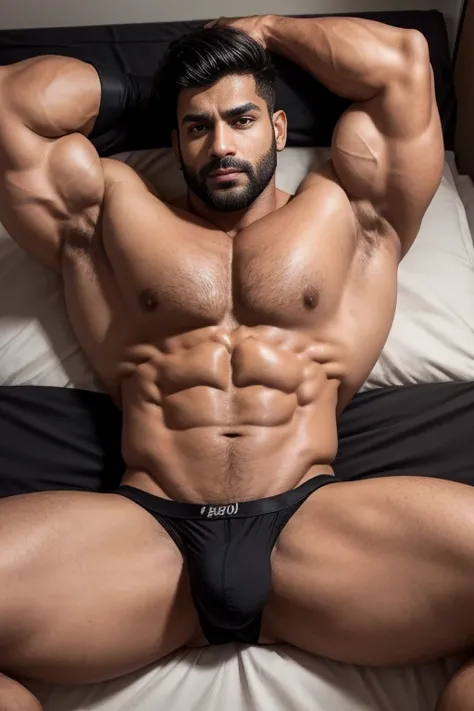 30 years old Desi mascular jaat with tattoos on biceps huge wide muscular shoulders, wide chest, abs, masculine wide triceps, arms, biceps, big masculine legs, wide thighs, calfs, black-haired, hair falls on your face, Mesmerizing brown eyes, red underwear...