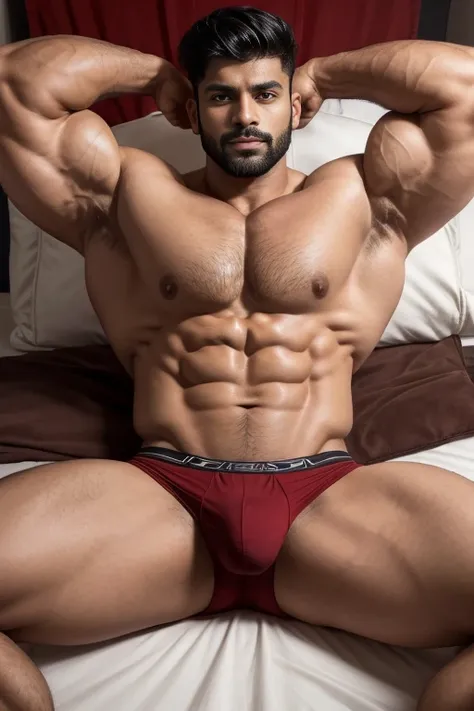 30 years old Desi mascular jaat with tattoos on biceps huge wide muscular shoulders, wide chest, abs, masculine wide triceps, arms, biceps, big masculine legs, wide thighs, calfs, black-haired, hair falls on your face, Mesmerizing brown eyes, red underwear...