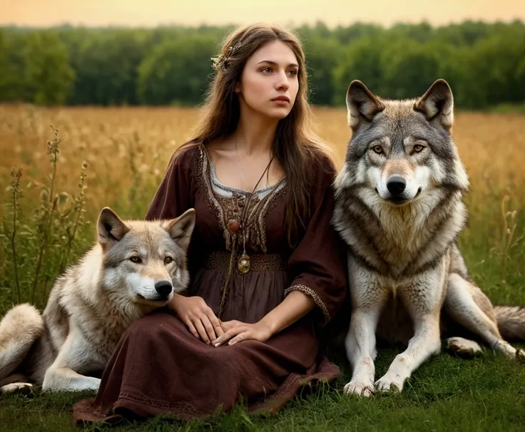 Masterpiece, realistic photography, outdoor, arafed woman sitting in a field with a wolf, wolf companion, tenderness, wolfgirl,wolves and their treasures, her friend the wolf,