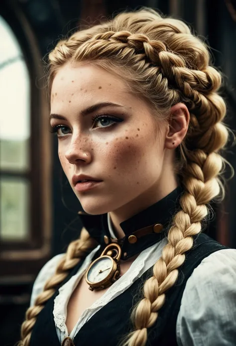 (Realisttic:1.2), analog photo style, Beautiful woman, posing, with freckles and long blond hair braided, (steampunk dark fantasy atmosphere), soft natural light, cute and sexy, great quality, Masterpiece, detailed strange background, better performance, 1...