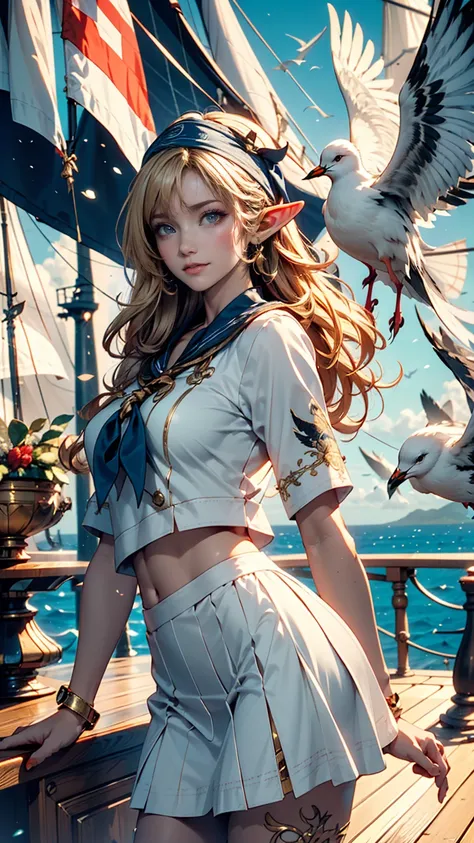 (((masterpiece, Highest quality, High resolution, Attention to detail)))), ((((Fantasy))), One, (Elf Woman)))), (White short skirt with gold embroidery), (Long straight blonde hair), (Shiny dark green eyes), (White frilly blouse with gold embroidery), big,...