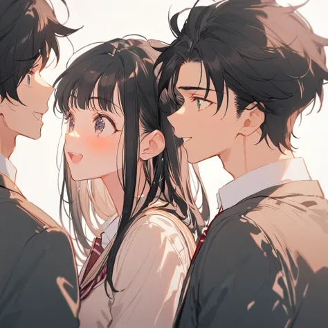 (Men and women), Black Hair, ((high school student, school uniform)), Look at each other, Laugh