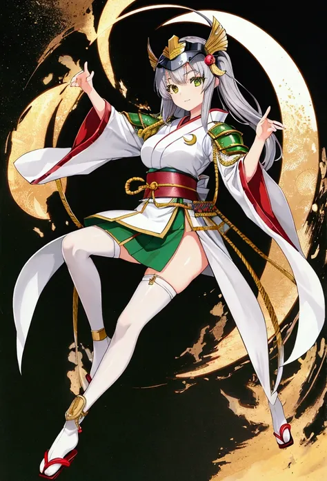 masterpiece, Highest quality, Japanese military commander, A cute Japanese girl in her 20s。(Perfect Face:1.1), (Wear green armor:1.1),Wearing a helmet shaped like a crescent moon, The armor ornaments have silver washers and coils., On the left hand(It hold...