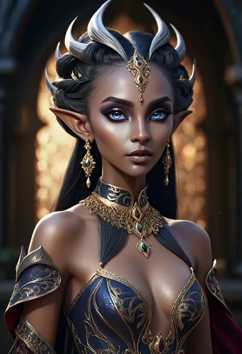 a dark elf girl, full body, glamorous, detailed face, beautiful eyes, high cheekbones, long eyelashes, elegant hairstyle, intricate jewelry, detailed skin texture, dramatic lighting, rich colors, atmospheric background, photorealistic, cinematic, 8k, best ...