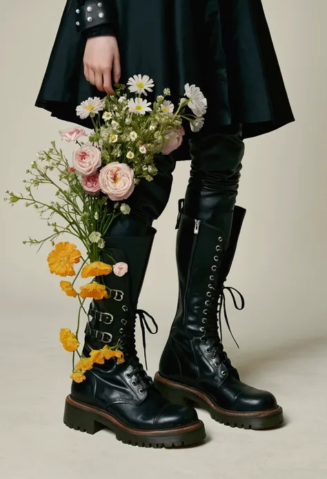 there is a womans legs in black boots With flowers in them, Still Life Inspired by Salomon Koninck, tumblr, Baroque, Combat boots, Wittmans, Rick Owens, Military boots, wearing tall Combat boots, Military boots, flowerpunk, Flowers grow from the body, With...